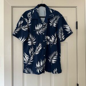 Navy Blue Leaf Print Casual Button Down Shirt